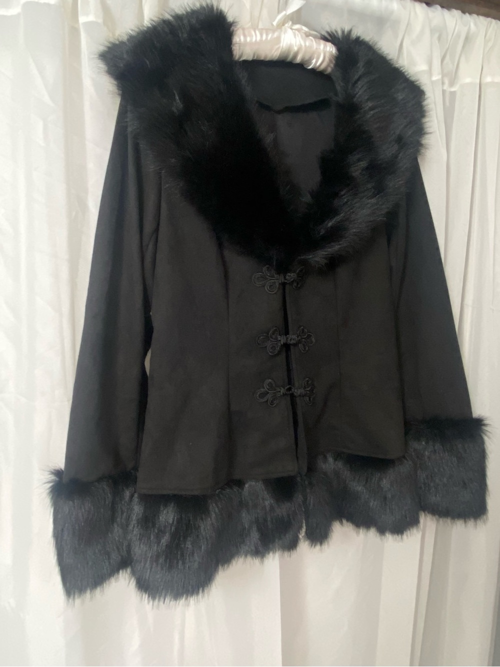 Black Faux Fur Trim Hooded Coat